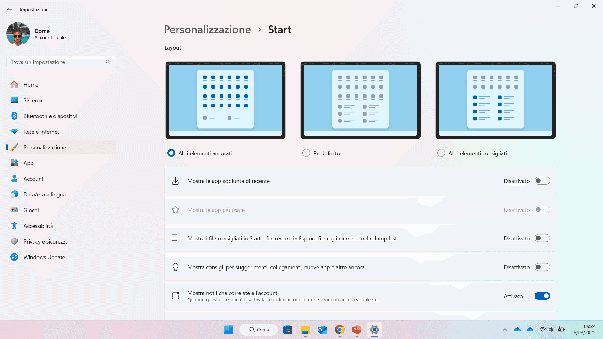 Disattivazione cronologia Start
